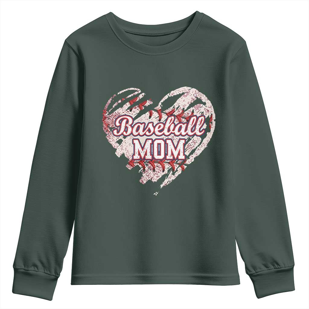 Baseball Mom Youth Sweatshirt Baseball Mama Life Game Day Vintage Heart TS11 Dark Forest Green Print Your Wear