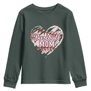 Baseball Mom Youth Sweatshirt Baseball Mama Life Game Day Vintage Heart TS11 Dark Forest Green Print Your Wear