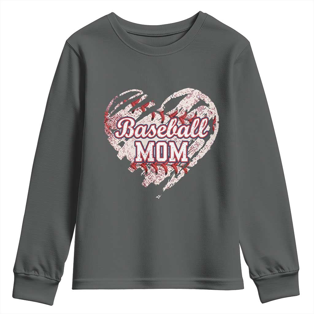 Baseball Mom Youth Sweatshirt Baseball Mama Life Game Day Vintage Heart TS11 Dark Heather Print Your Wear