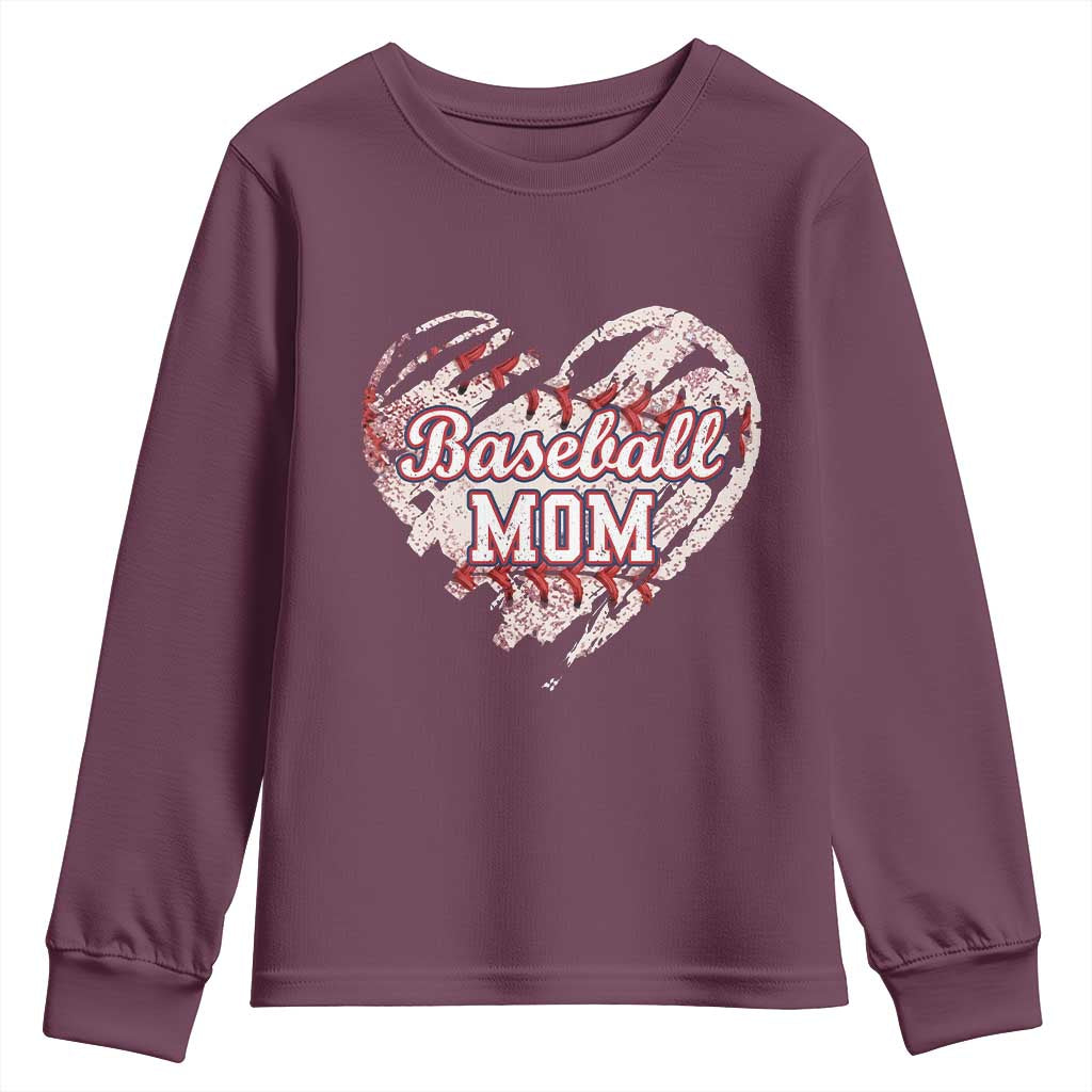 Baseball Mom Youth Sweatshirt Baseball Mama Life Game Day Vintage Heart TS11 Maroon Print Your Wear