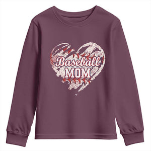 Baseball Mom Youth Sweatshirt Baseball Mama Life Game Day Vintage Heart TS11 Maroon Print Your Wear