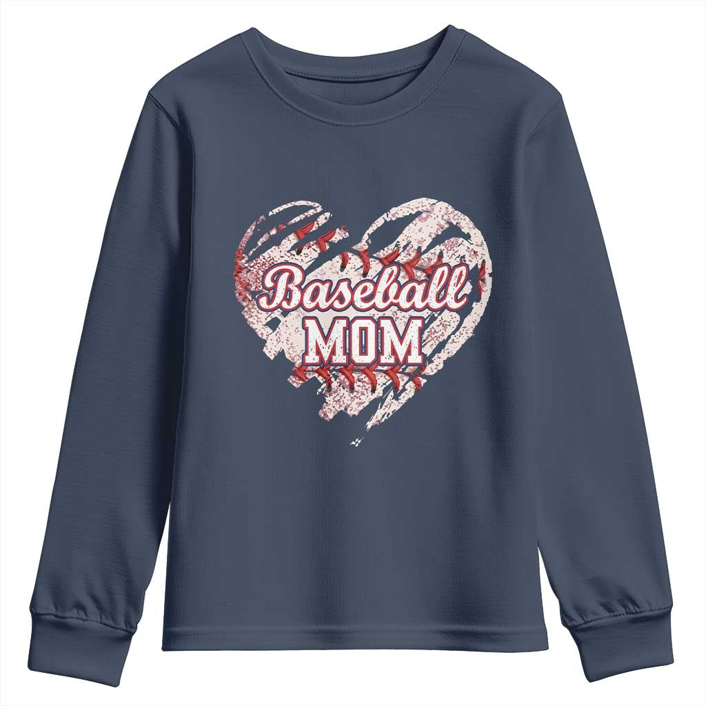 Baseball Mom Youth Sweatshirt Baseball Mama Life Game Day Vintage Heart TS11 Navy Print Your Wear