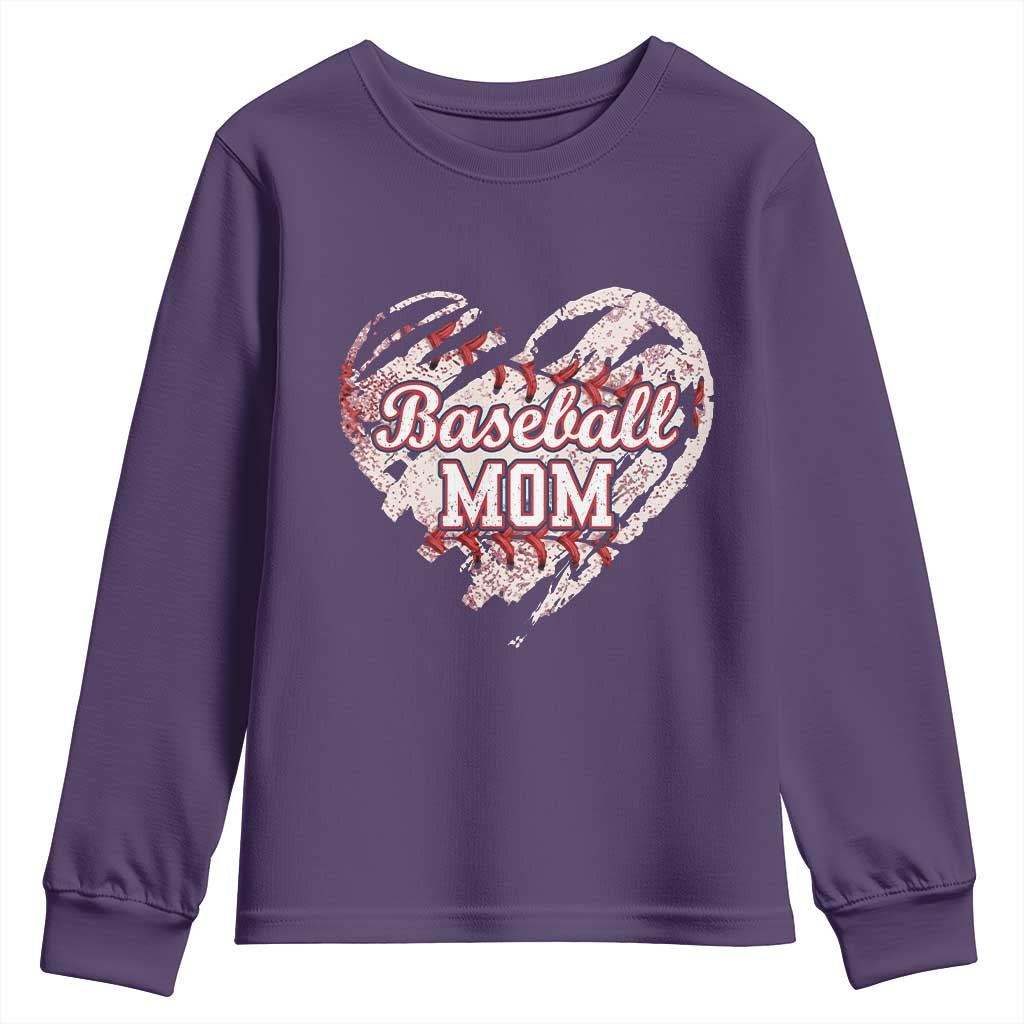 Baseball Mom Youth Sweatshirt Baseball Mama Life Game Day Vintage Heart TS11 Purple Print Your Wear
