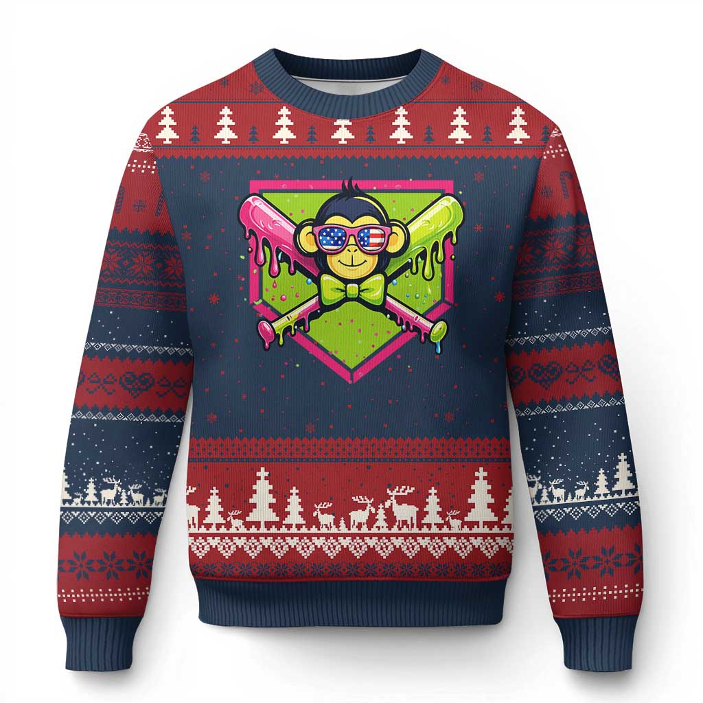 Party Monkey Baseball Drip Funny Animals Lover Ugly Christmas Sweater TS11 Navy Red Print Your Wear