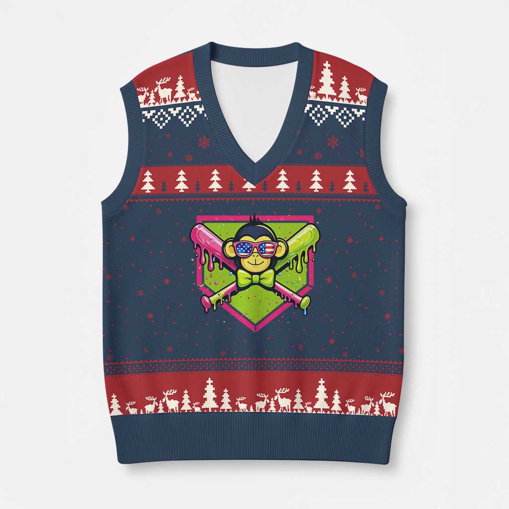 Party Monkey Baseball Drip Funny Animals Lover V-Neck Knit Sweater Vest TS11 Navy Red Print Your Wear