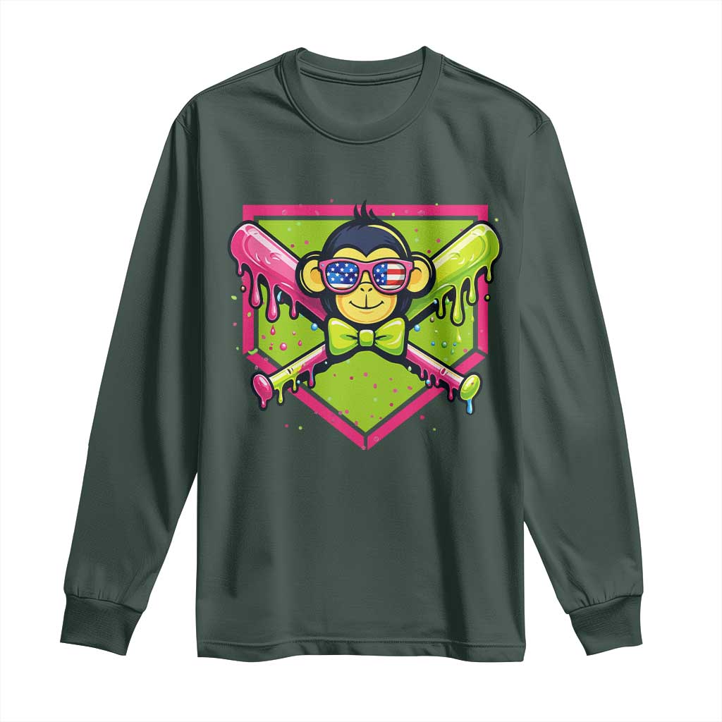 Party Monkey Baseball Drip Funny Animals Lover Long Sleeve Shirt TS11 Dark Forest Green Print Your Wear