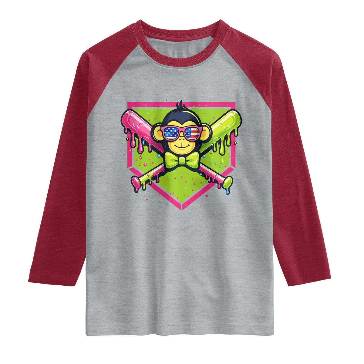 Party Monkey Baseball Drip Funny Animals Lover Raglan Shirt TS11 Heather Gray Heather Red Print Your Wear