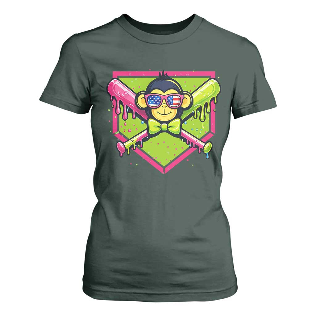 Party Monkey Baseball Drip Funny Animals Lover T Shirt For Women TS11 Dark Forest Green Print Your Wear