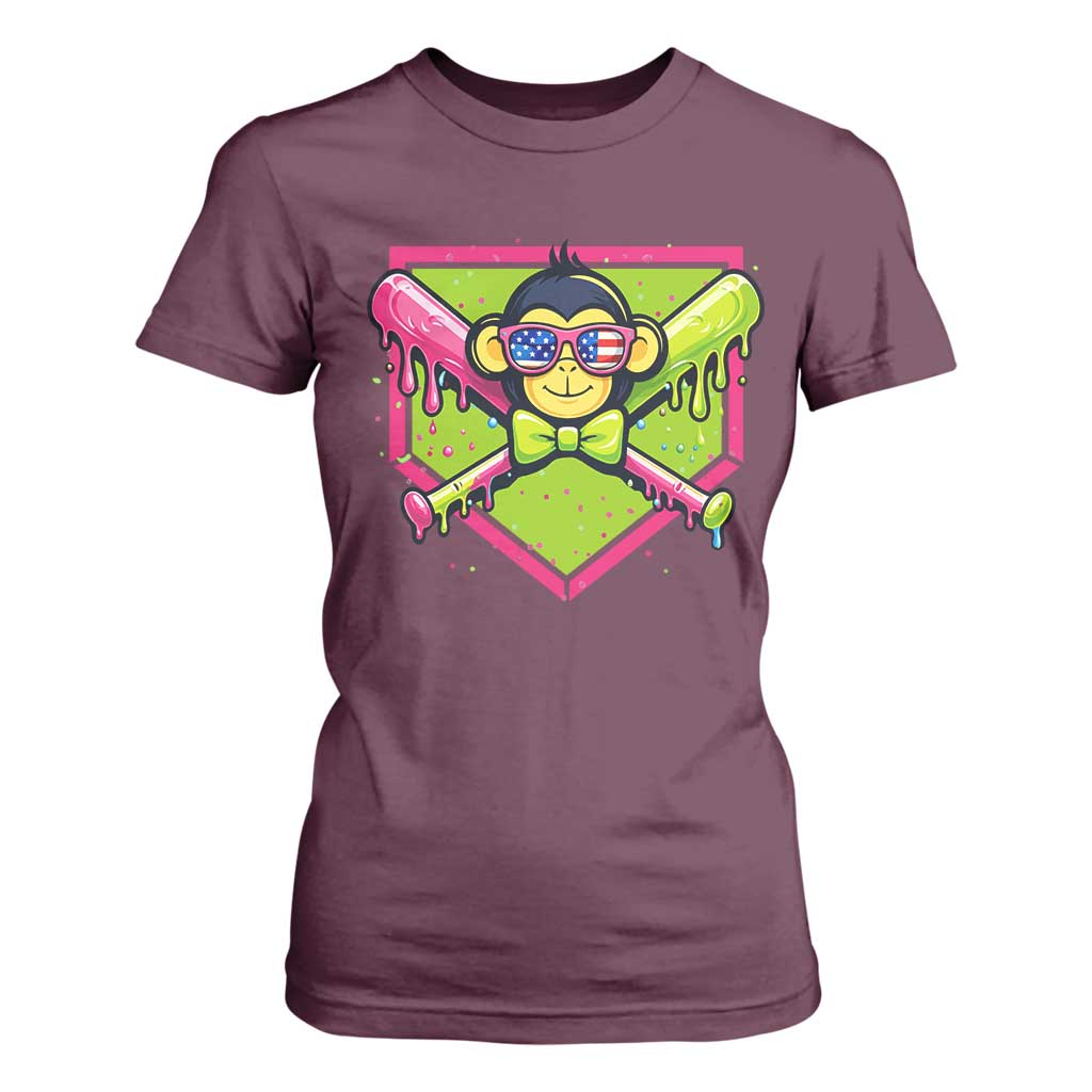 Party Monkey Baseball Drip Funny Animals Lover T Shirt For Women TS11 Maroon Print Your Wear