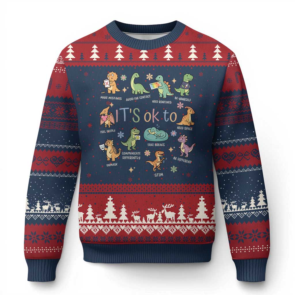 Dinosaur Autism Awareness Ugly Christmas Sweater It Is Okay to Be Different Dino Lover TS11 Navy Red Print Your Wear