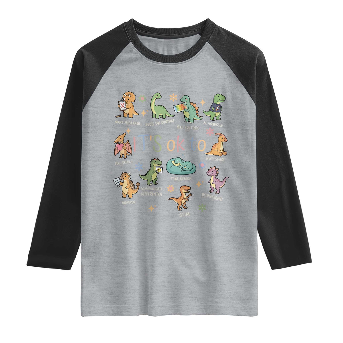 Dinosaur Autism Awareness Raglan Shirt It Is Okay to Be Different Dino Lover TS11 Heather Gray Black Print Your Wear