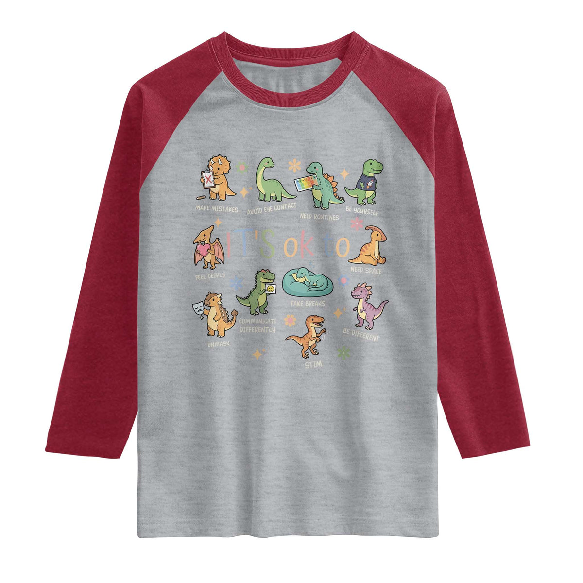 Dinosaur Autism Awareness Raglan Shirt It Is Okay to Be Different Dino Lover TS11 Heather Gray Heather Red Print Your Wear