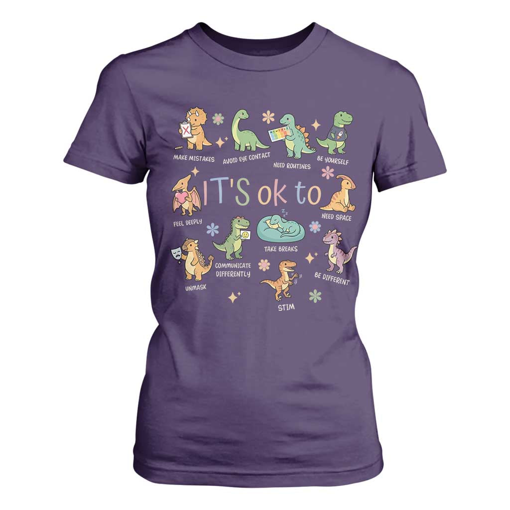 Dinosaur Autism Awareness T Shirt For Women It Is Okay to Be Different Dino Lover TS11 Purple Print Your Wear