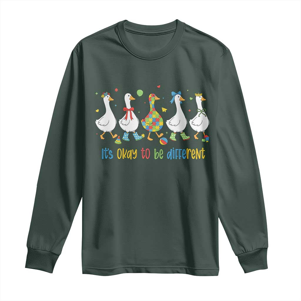 Funny Autistic Goose Long Sleeve Shirt It Is Okay To Be Different Autism Awareness TS11 Dark Forest Green Print Your Wear
