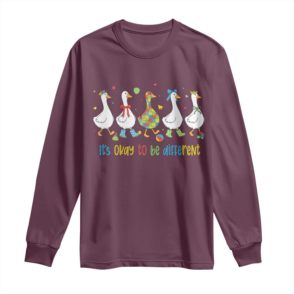 Funny Autistic Goose Long Sleeve Shirt It Is Okay To Be Different Autism Awareness TS11 Maroon Print Your Wear