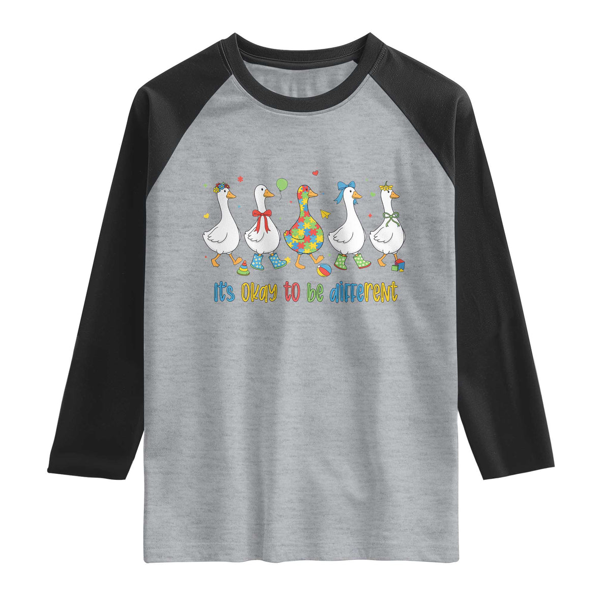 Funny Autistic Goose Raglan Shirt It Is Okay To Be Different Autism Awareness TS11 Heather Gray Black Print Your Wear