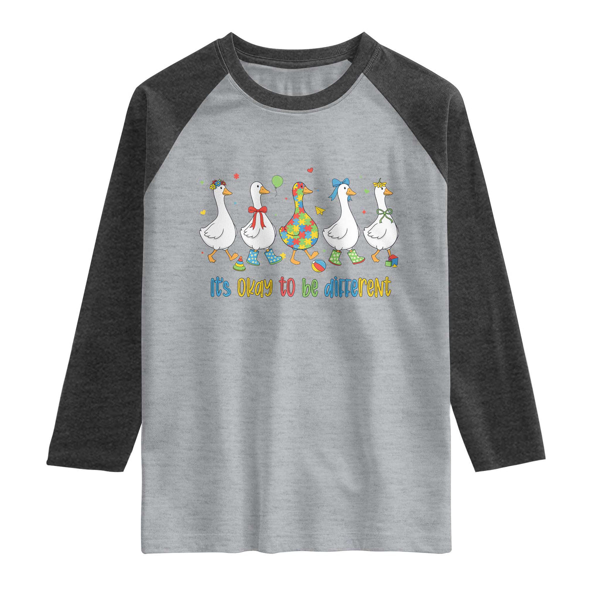 Funny Autistic Goose Raglan Shirt It Is Okay To Be Different Autism Awareness TS11 Heather Gray Heather Charcoal Print Your Wear