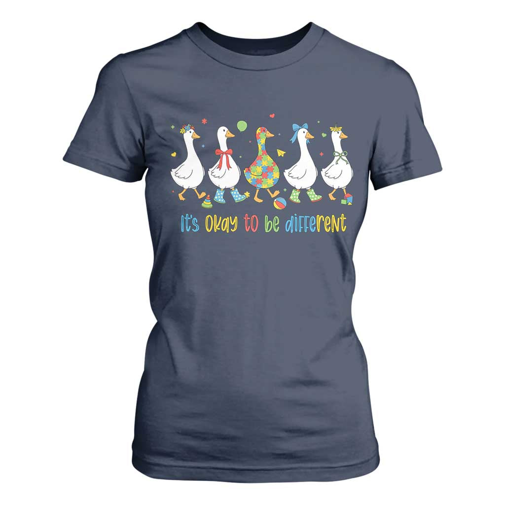 Funny Autistic Goose T Shirt For Women It Is Okay To Be Different Autism Awareness TS11 Navy Print Your Wear