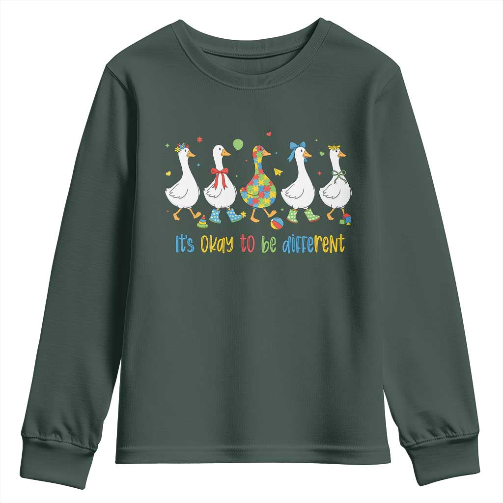 Funny Autistic Goose Youth Sweatshirt It Is Okay To Be Different Autism Awareness TS11 Dark Forest Green Print Your Wear