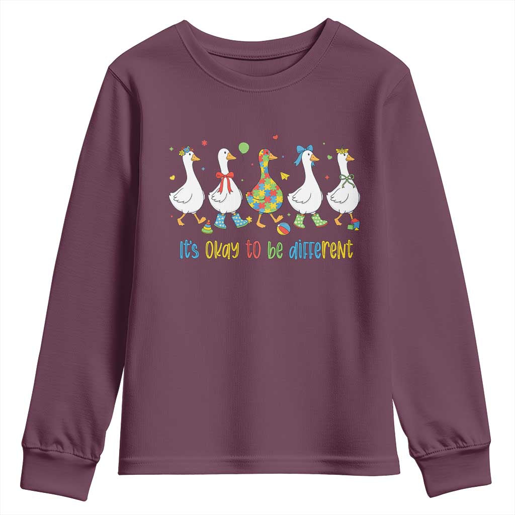 Funny Autistic Goose Youth Sweatshirt It Is Okay To Be Different Autism Awareness TS11 Maroon Print Your Wear