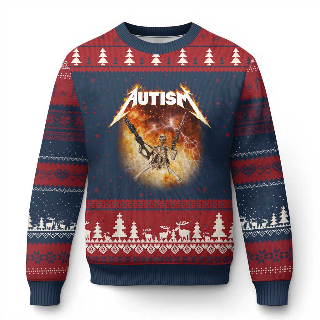 Autism Skeleton Funny Meme Ugly Christmas Sweater Fire Burning Flames TS11 Navy Red Print Your Wear