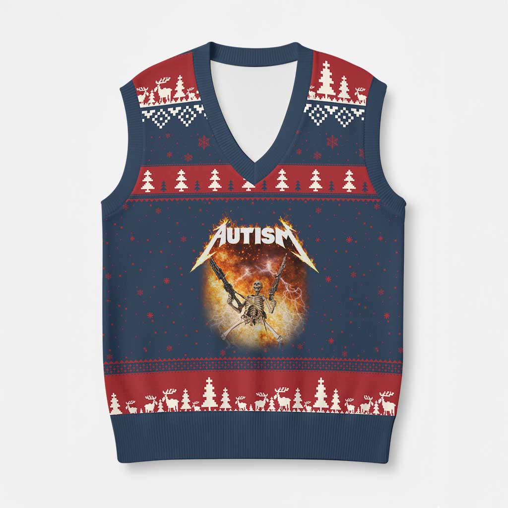 Autism Skeleton Funny Meme V-Neck Knit Sweater Vest Fire Burning Flames TS11 Navy Red Print Your Wear