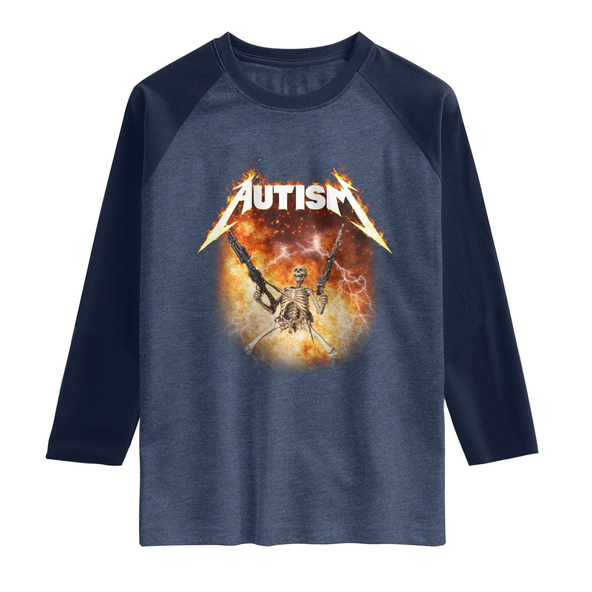 Autism Skeleton Funny Meme Raglan Shirt Fire Burning Flames TS11 Heather Denim Navy Print Your Wear