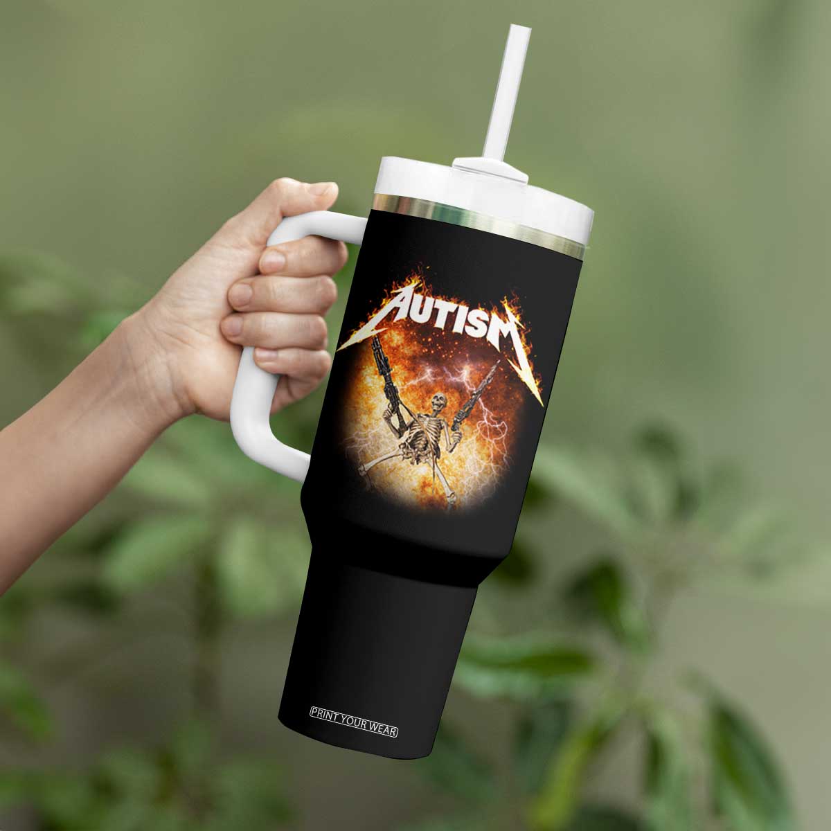 Autism Skeleton Funny Meme Tumbler With Handle Fire Burning Flames TS11 Print Your Wear