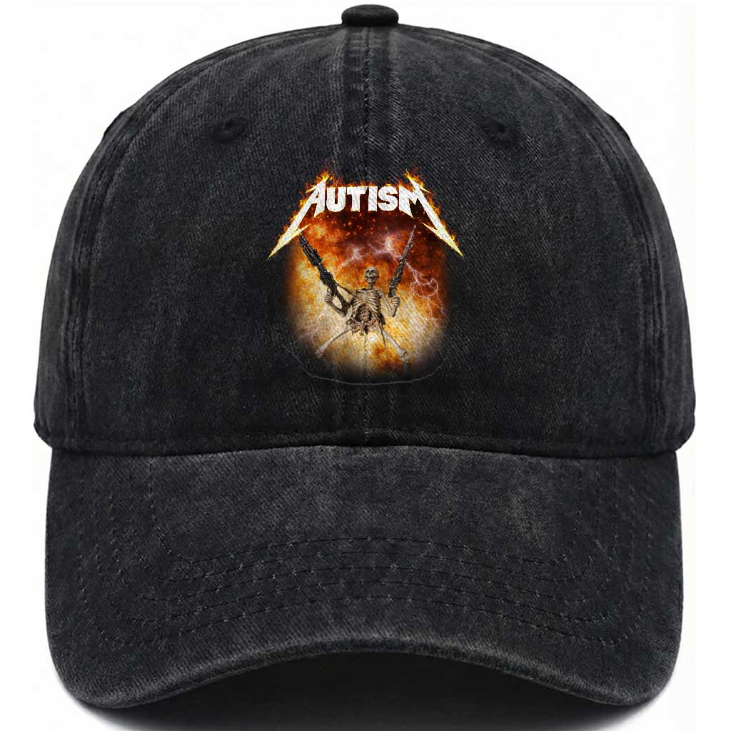 Autism Skeleton Funny Meme Washed Cotton Baseball Cap Fire Burning Flames TS11 Print Your Wear
