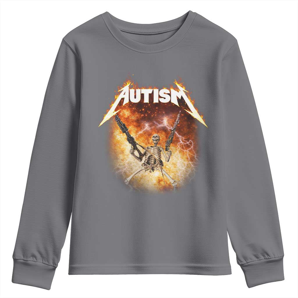 Autism Skeleton Funny Meme Youth Sweatshirt Fire Burning Flames TS11 Charcoal Print Your Wear