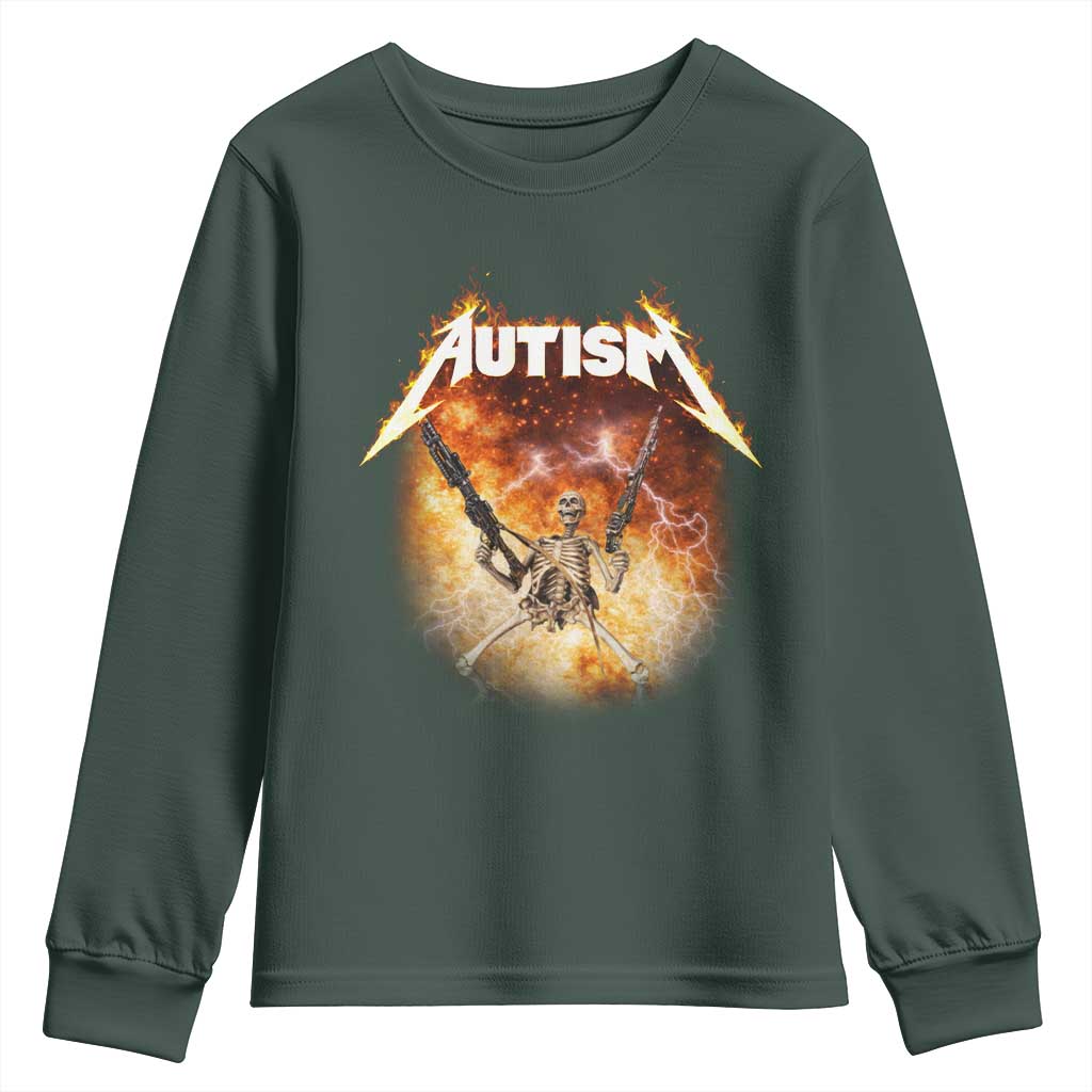 Autism Skeleton Funny Meme Youth Sweatshirt Fire Burning Flames TS11 Dark Forest Green Print Your Wear