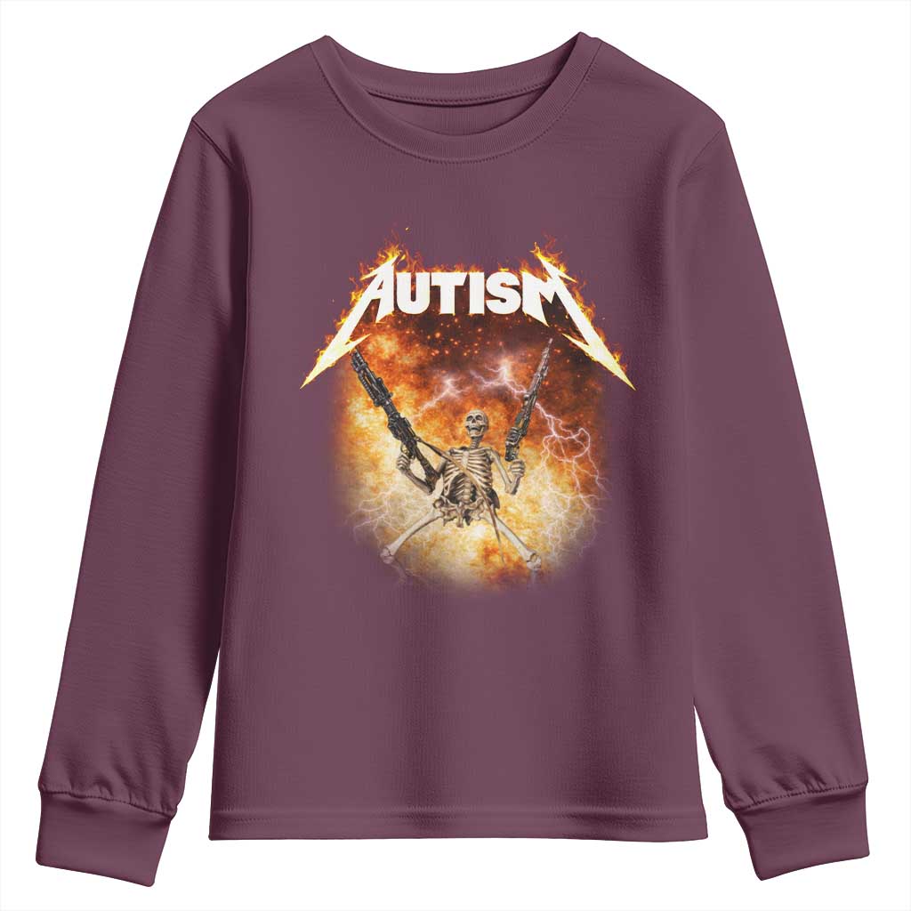 Autism Skeleton Funny Meme Youth Sweatshirt Fire Burning Flames TS11 Maroon Print Your Wear