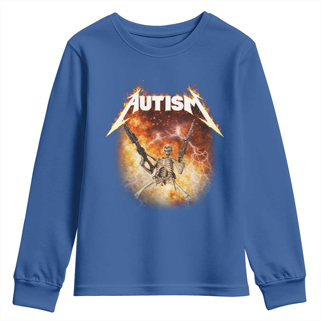 Autism Skeleton Funny Meme Youth Sweatshirt Fire Burning Flames TS11 Royal Blue Print Your Wear