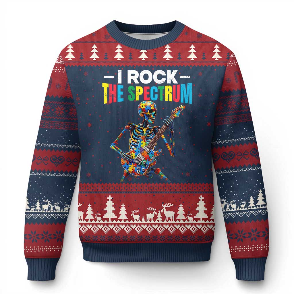 Autism Skeleton Rocker Ugly Christmas Sweater I Rock The Spectrum Autism Awareness TS11 Navy Red Print Your Wear