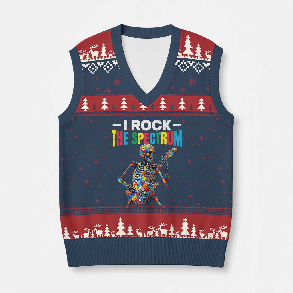 Autism Skeleton Rocker V-Neck Knit Sweater Vest I Rock The Spectrum Autism Awareness TS11 Navy Red Print Your Wear