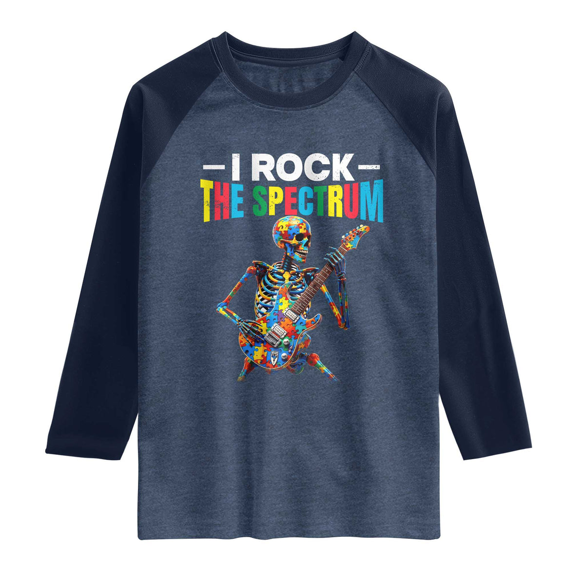 Autism Skeleton Rocker Raglan Shirt I Rock The Spectrum Autism Awareness TS11 Heather Denim Navy Print Your Wear