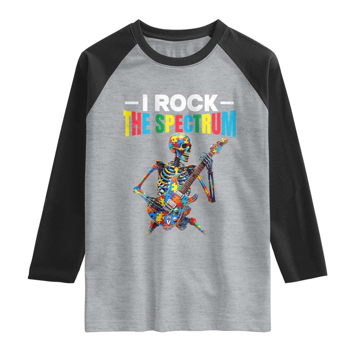 Autism Skeleton Rocker Raglan Shirt I Rock The Spectrum Autism Awareness TS11 Heather Gray Black Print Your Wear