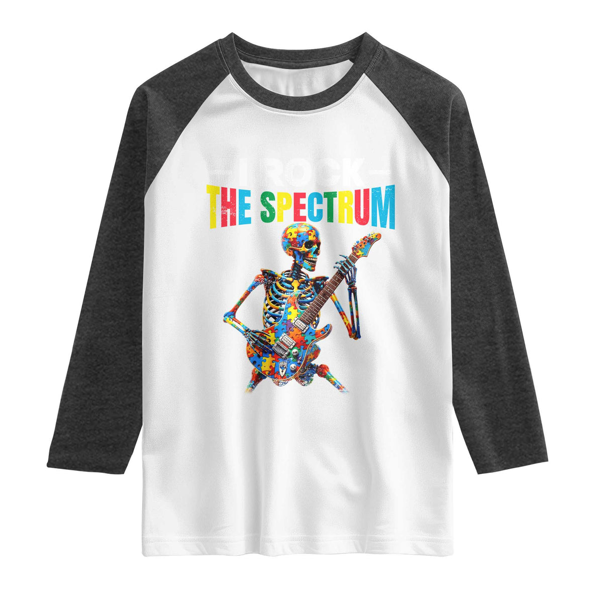 Autism Skeleton Rocker Raglan Shirt I Rock The Spectrum Autism Awareness TS11 White Heather Charcoal Print Your Wear