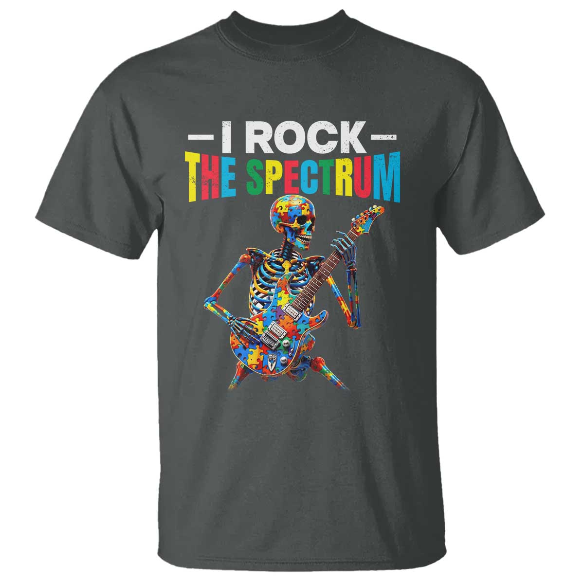 Autism Skeleton Rocker T Shirt I Rock The Spectrum Autism Awareness TS11 Dark Heather Print Your Wear