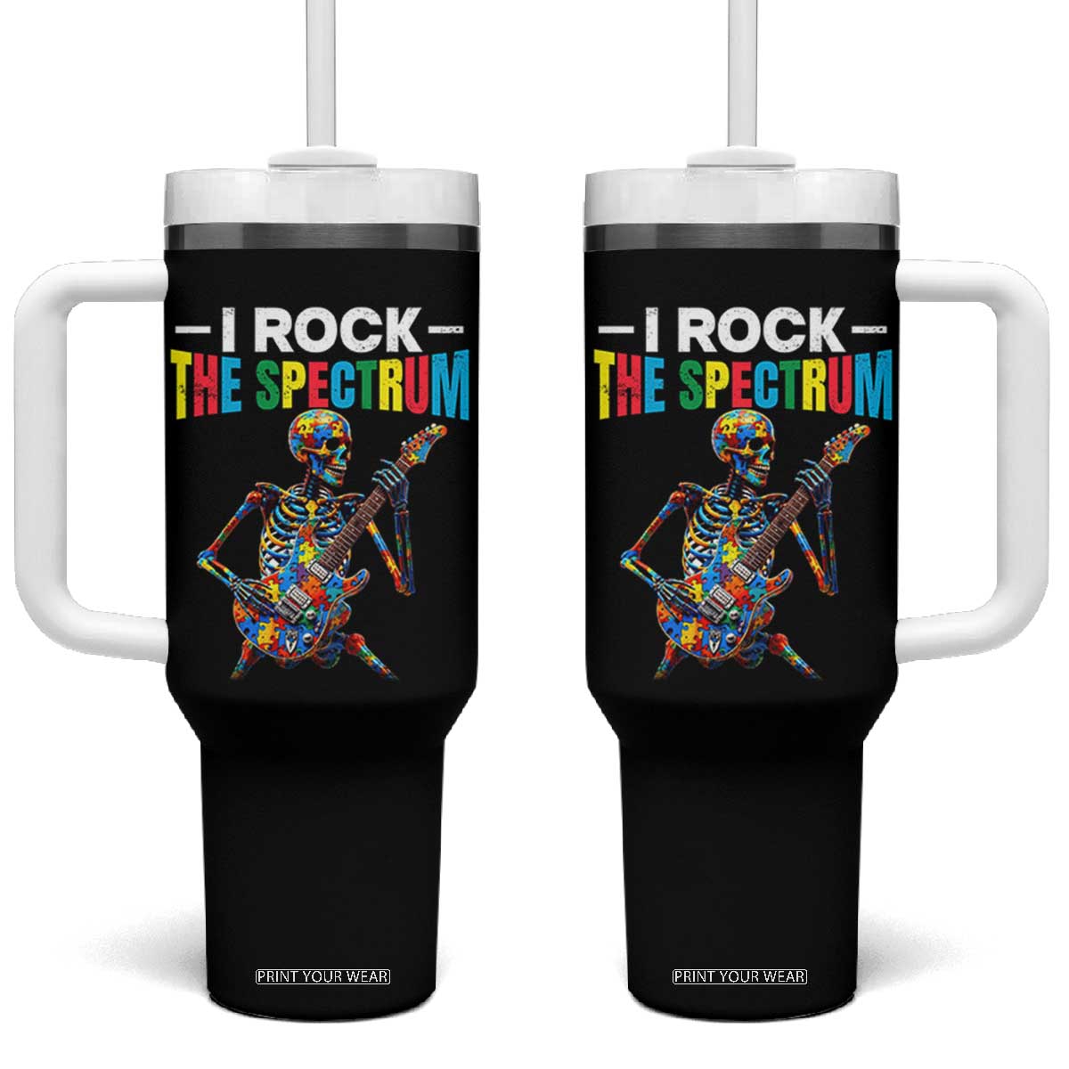 Autism Skeleton Rocker Tumbler With Handle I Rock The Spectrum Autism Awareness TS11 One Size: 40 oz Black Print Your Wear