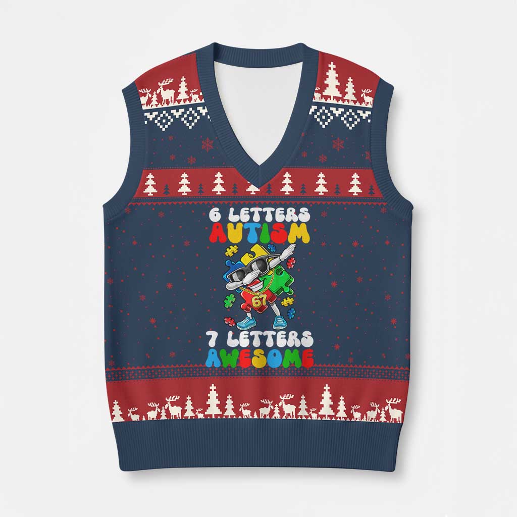 Funny 67 Autism Awareness V-Neck Knit Sweater Vest 6 Letters Autism 7 Letters Awesome Dabbing Puzzle TS11 Navy Red Print Your Wear