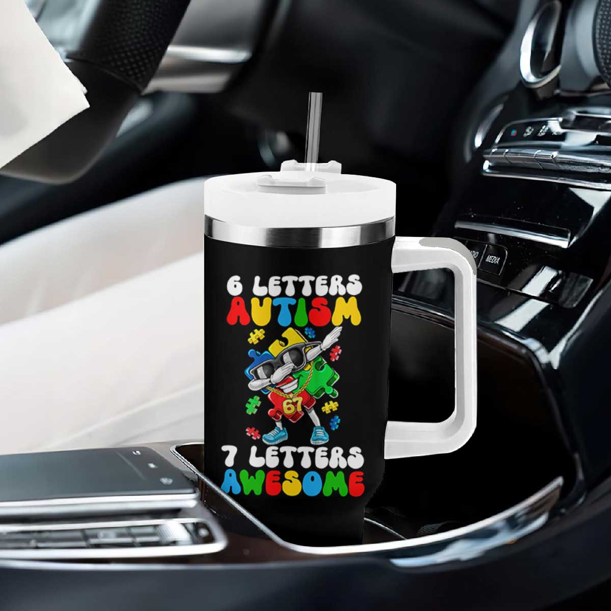 Funny 67 Autism Awareness Tumbler With Handle 6 Letters Autism 7 Letters Awesome Dabbing Puzzle TS11 Print Your Wear