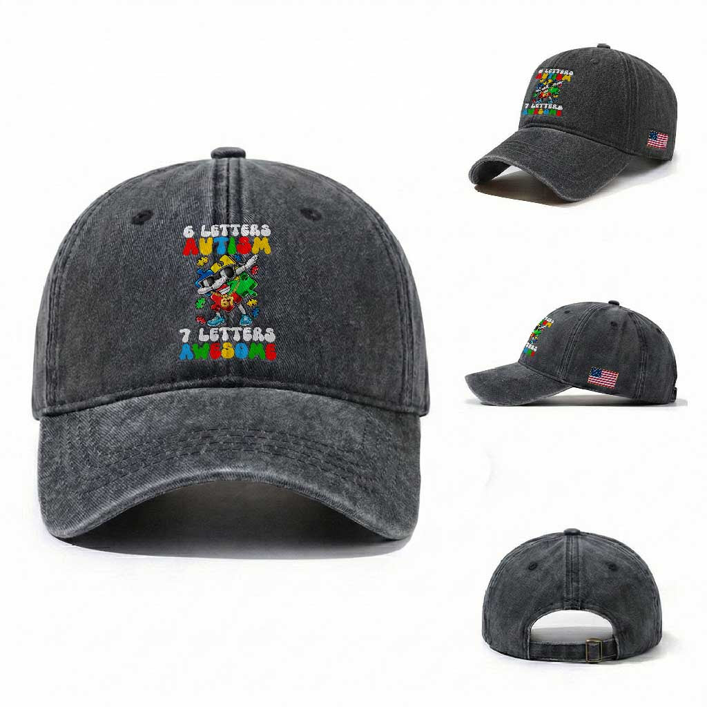 Funny 67 Autism Awareness Washed Cotton Baseball Cap 6 Letters Autism 7 Letters Awesome Dabbing Puzzle TS11 Washed Cap Universal Fit Dark Gray Print Your Wear