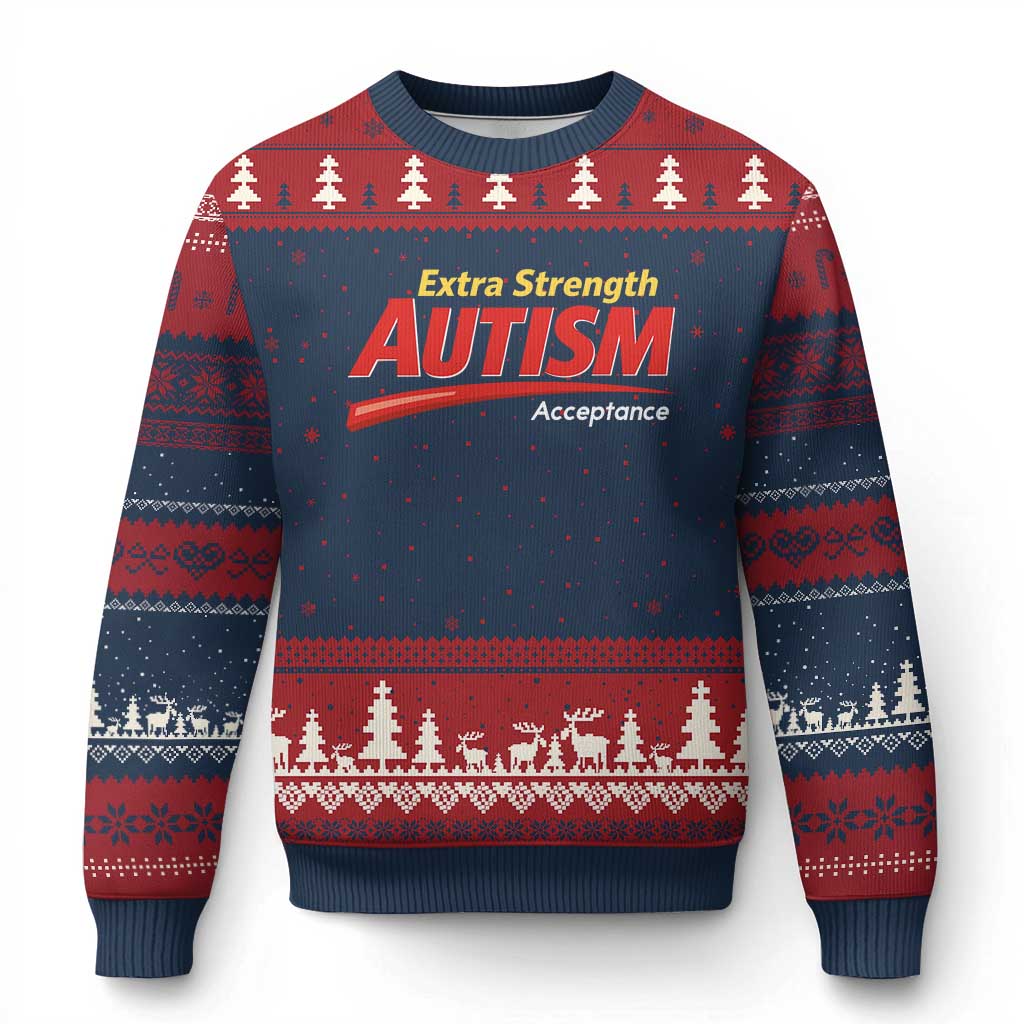 Funny Extra Strength Autism Acceptance Inappropriate Autism Meme Ugly Christmas Sweater TS11 Navy Red Print Your Wear