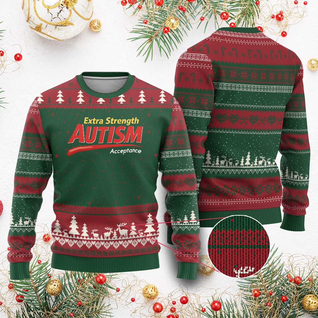 Funny Extra Strength Autism Acceptance Inappropriate Autism Meme Ugly Christmas Sweater TS11 Red Green Print Your Wear