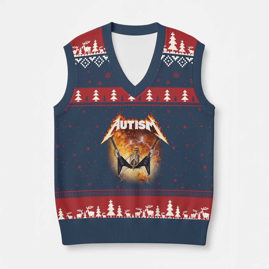 Autism Skeleton Rocker V-Neck Knit Sweater Vest Hardcore Rock Style Artwork TS11 Navy Red Print Your Wear