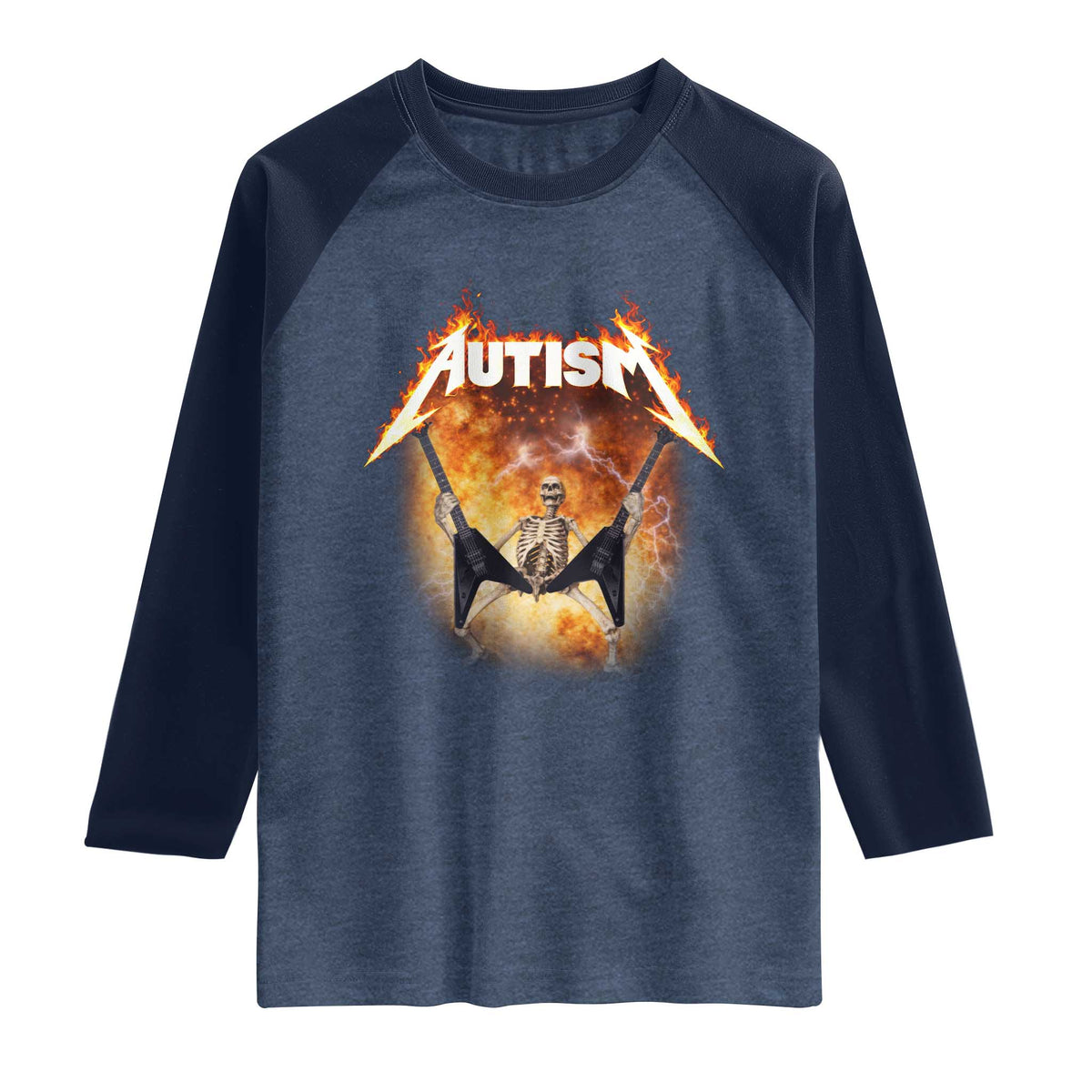 Autism Skeleton Rocker Raglan Shirt Hardcore Rock Style Artwork TS11 Heather Denim Navy Print Your Wear
