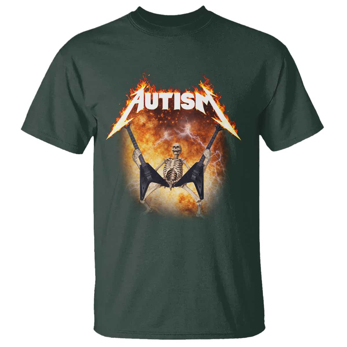 Autism Skeleton Rocker T Shirt Hardcore Rock Style Artwork TS11 Dark Forest Green Print Your Wear