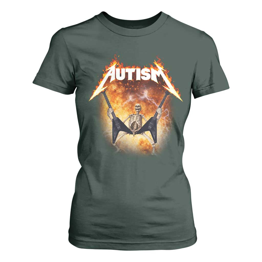 Autism Skeleton Rocker T Shirt For Women Hardcore Rock Style Artwork TS11 Dark Forest Green Print Your Wear