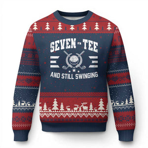 90th Birthday Golf Ugly Christmas Sweater Funny Nine Tee And Still Swinging 90 Years Old TS11 Navy Red Print Your Wear